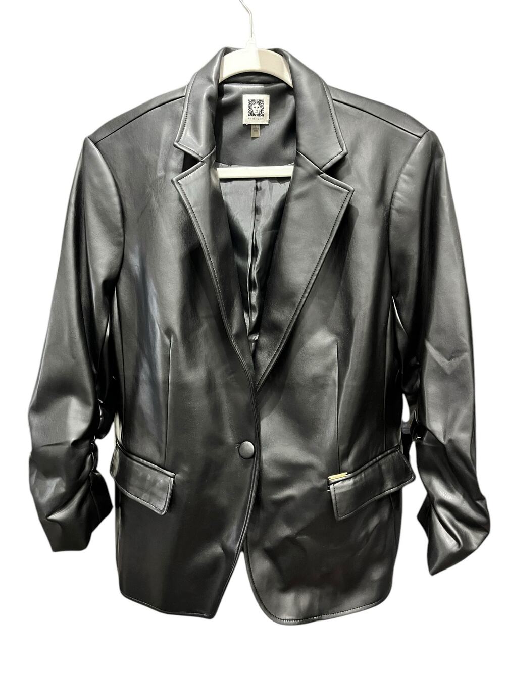 Anne Klein Women's Ruched Sleeve Black Pleather Jacket SIZE Large